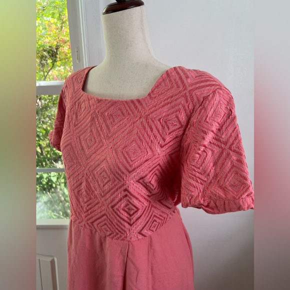 VTG Linen Blend Sarah Elizabeth Pink Pleated Square Neck Tie Waist Maxi Dress - Picture 7 of 16